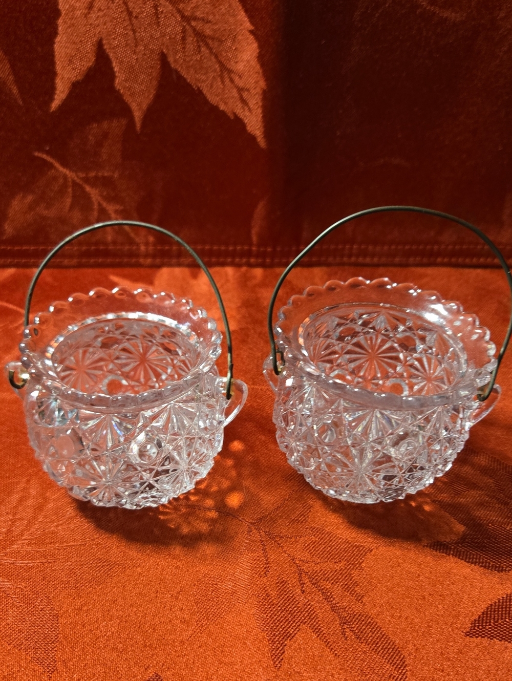 Vintage Pair of Clear Pressed Glass Mini Buckets with Handles
